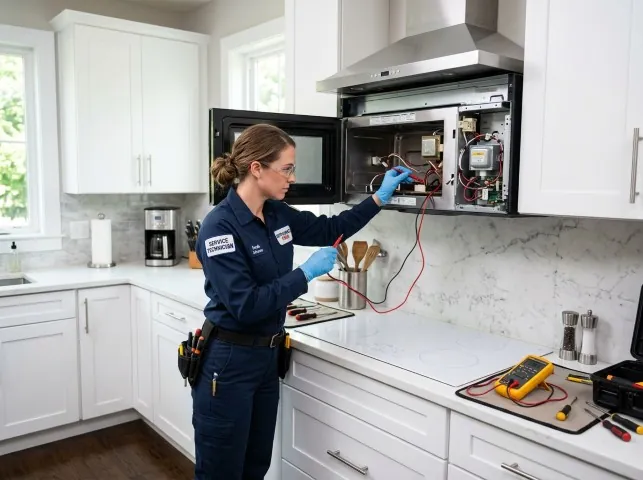 Appliance Repair Hero technician testing an over-the-range microwave in a Allenwood, NJ kitchen